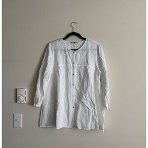 Eileen Fisher Petite Medium PM Button Up‎ Blouse White Linen Minimalist Coastal